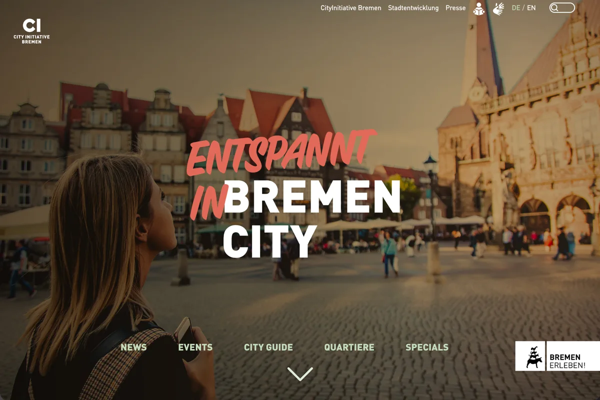 Websiteansicht der CityInitiative Bremen mit Blick auf den Bremer Marktplatz.