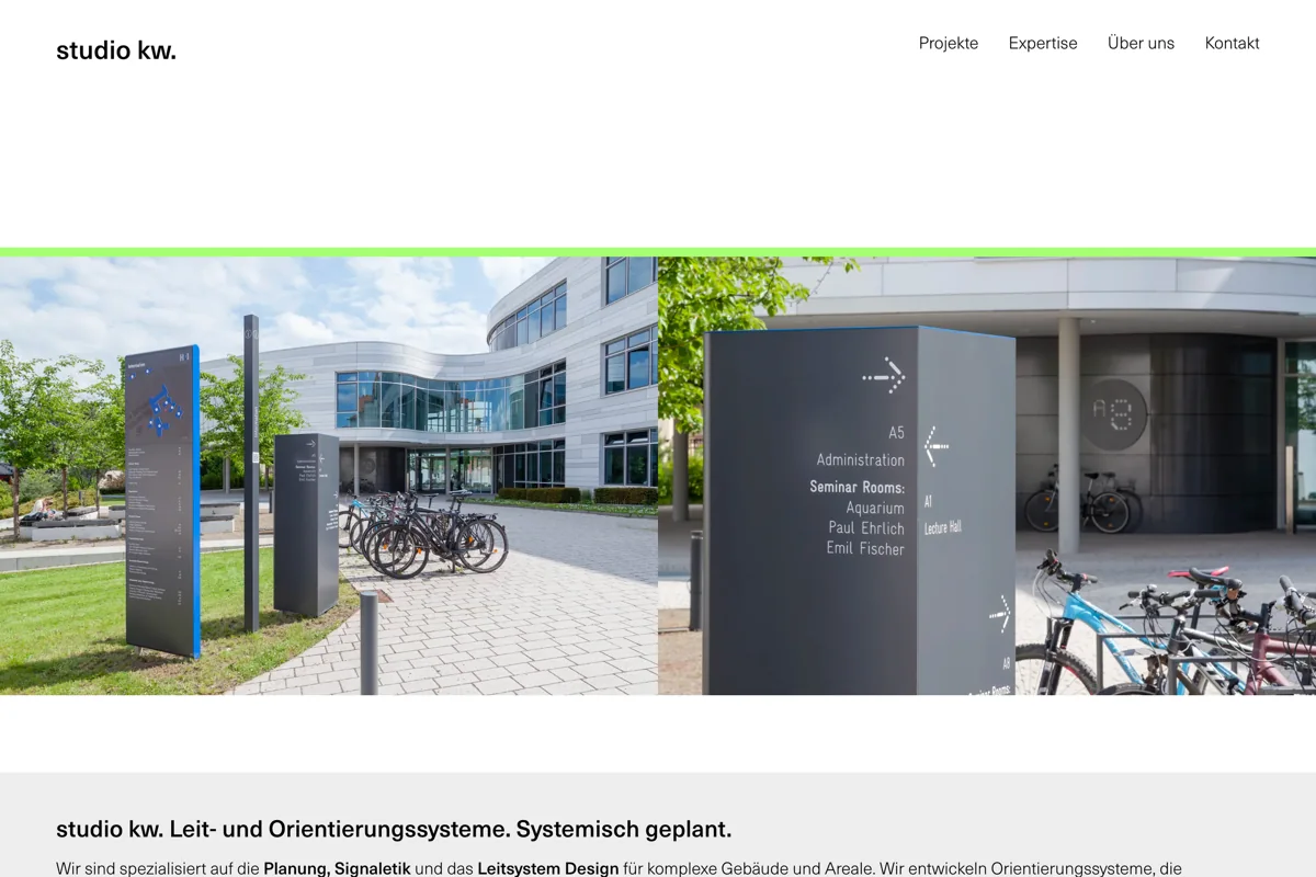 Websiteansicht von Studio KW mit Projekten für Leit- und Orientierungssysteme.
